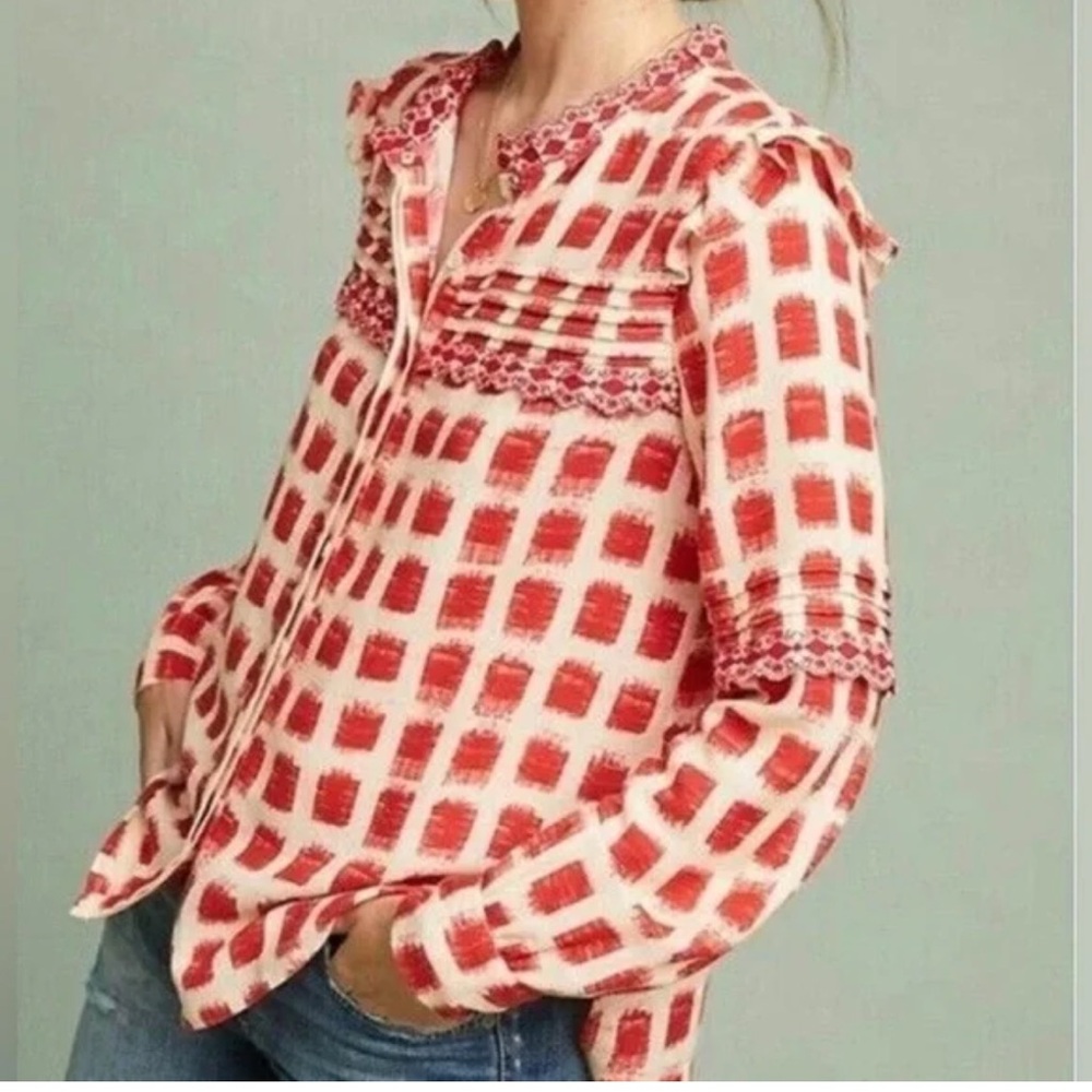 Anthropologie Red and Cream Patterned Blouse